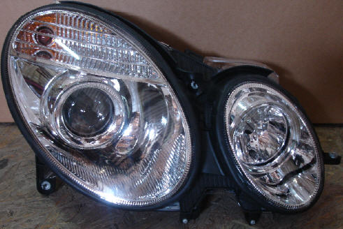 Мерседес W211 фара левая и правая Комплект тюнинг линзованная Ксенон Devil Eyes с регулировочным мотором Sonar внутри хром