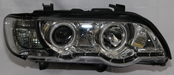 БМВ Е53 Х5 фара левая и правая Комплект тюнинг Ксенон со светящимся ободком , линзованная Devil Eyes Eagle Eyes внутри хром