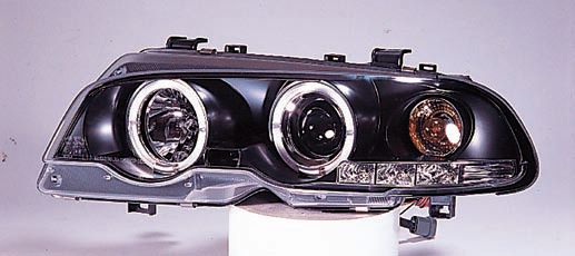 БМВ Е46 купе фара левая и правая Комплект тюнинг линзованная с 2 светящимися ободками , литой указатель поворота Sonar внутри черная